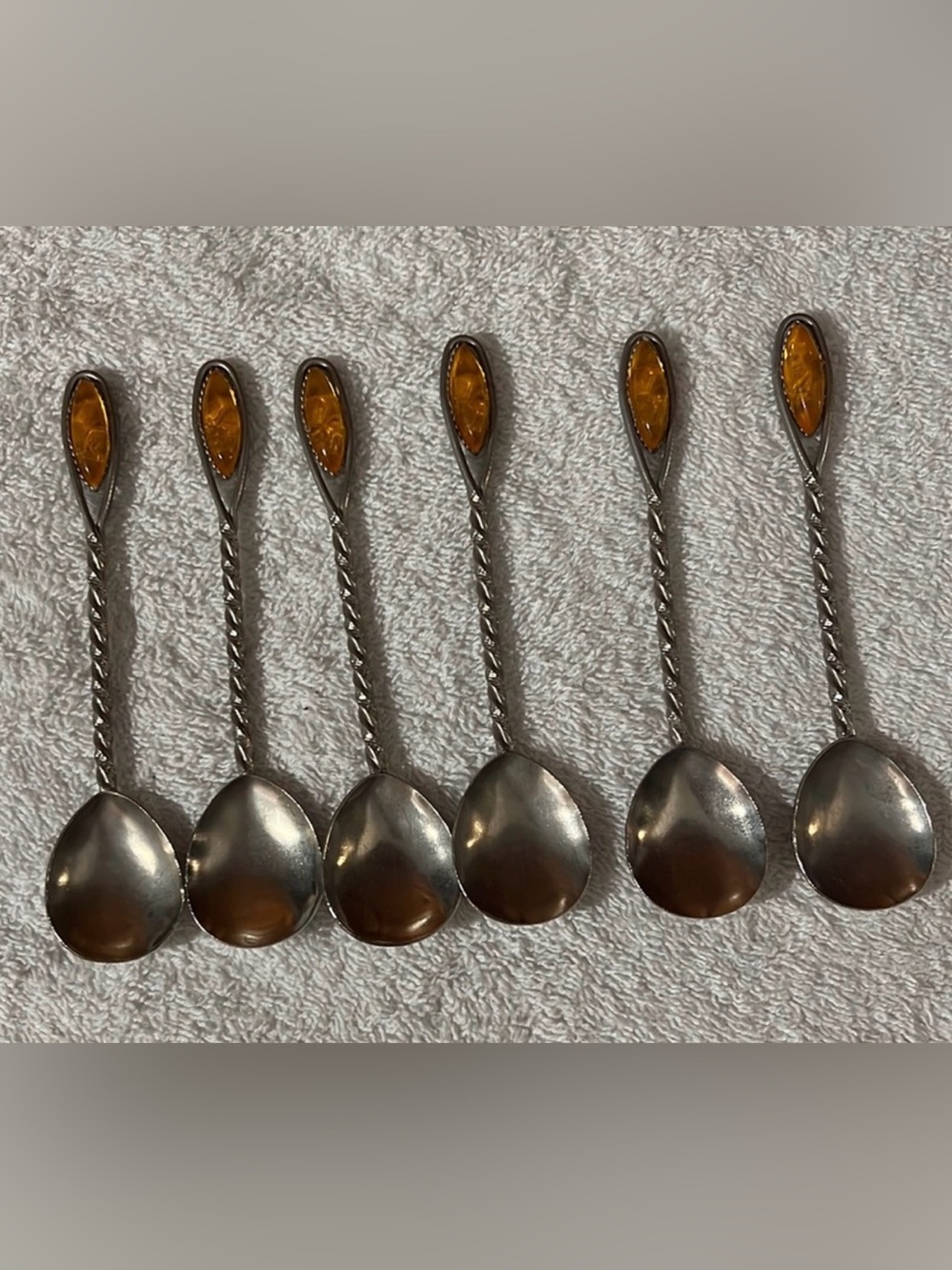 Vintage Silver Twisted Braided Tea Demitasse Spoons Cognac Amber Finial (6)